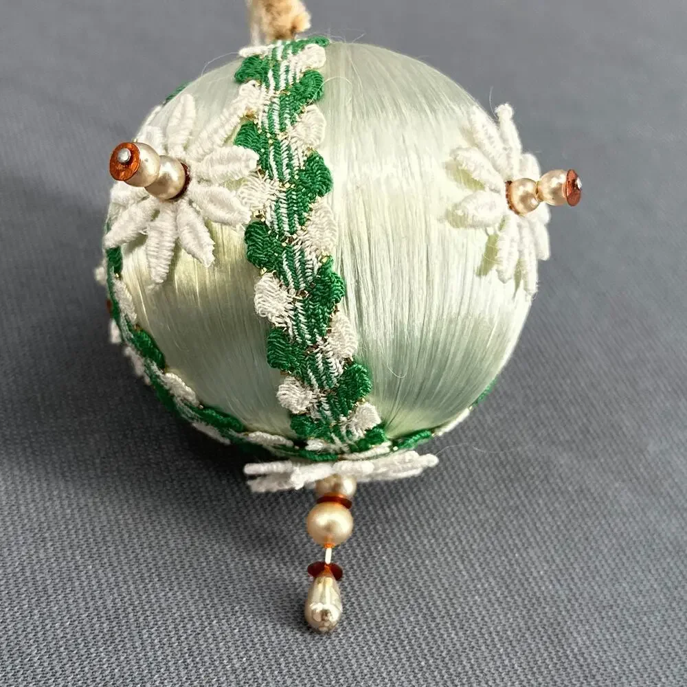 4 VTG Handmade Push Pin Satin Ball Ornament Bead Sequin Christmas ribbon Kitschy